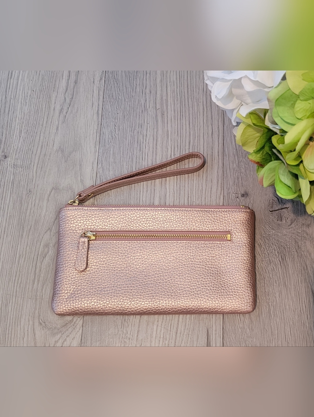 14th & Union Metallic Rose Gold Pebble Leather Wristlet Gold Accents, 8.5"x4.5" - Picture 11 of 15